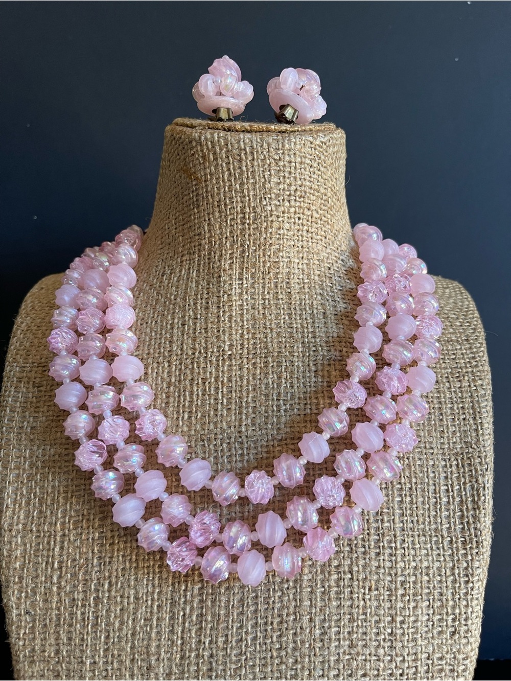 Vintage Austria signed pink Triple Strand Beaded Necklace & Earrings Set.